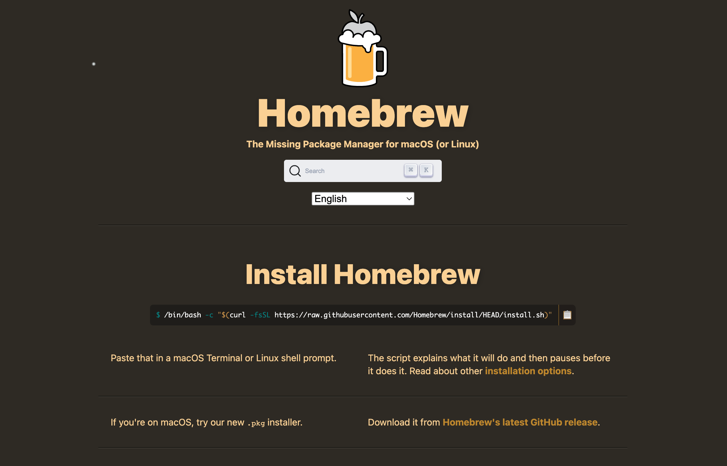 Screenshot of the Homebrew website