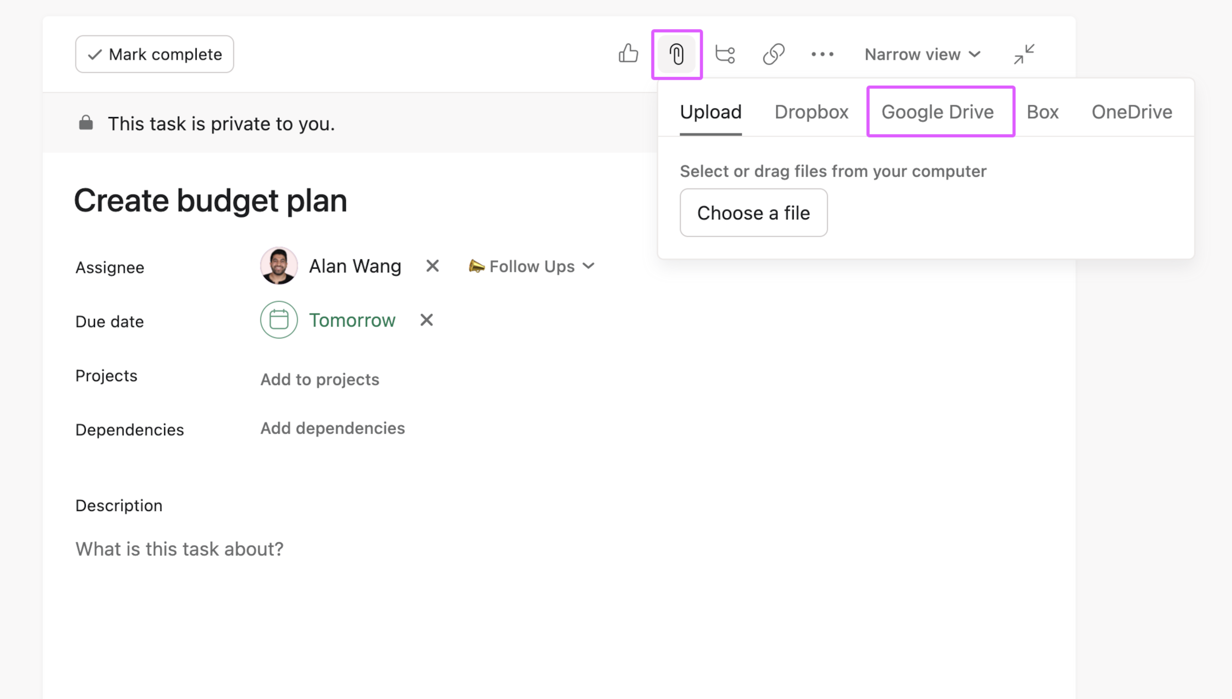 Screenshot in Asana Umgebung, wie man ein Google Drive Dokument hochlädt. 