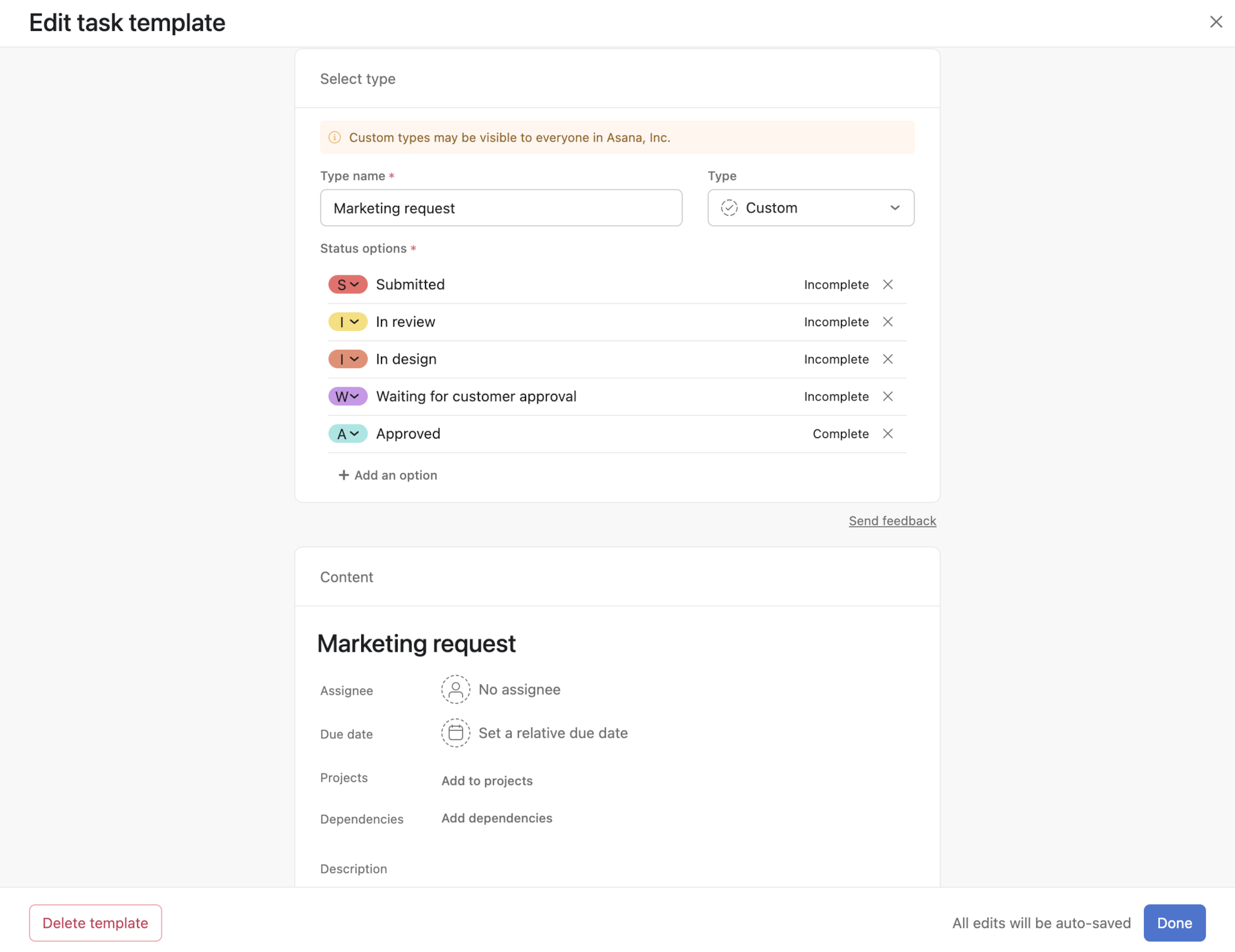 Maske aus der Asana Umgebung, wie man eine Vorlage für benutzerdefinierte Aufgaben im Marketing Bereich erstellt. 