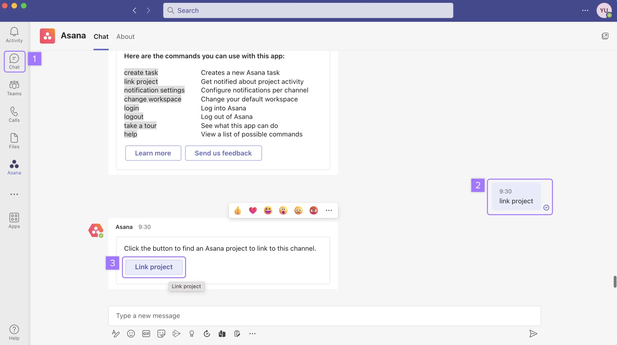 Screenshot des installierten Projekt Buttons von Asana in Microsoft Teams. 