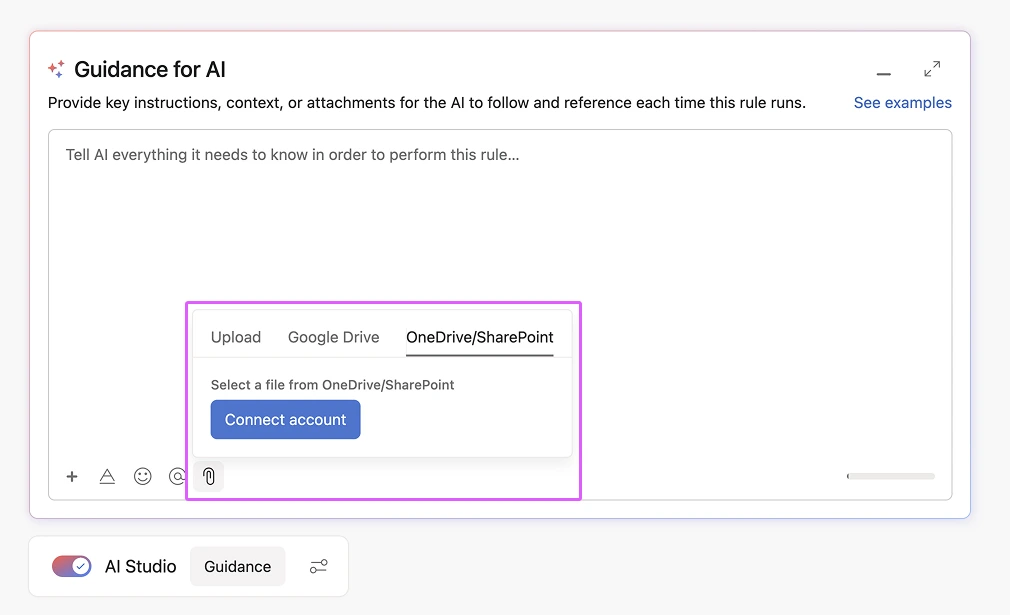 Asana screen displaying integration options for Google Drive and OneDrive