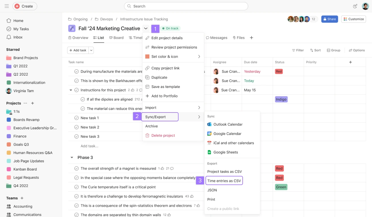 Screenshot in Asana showing time tracking export to CSV