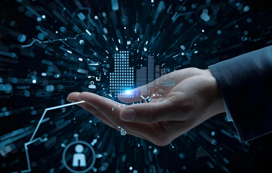 Process automation. Hand on blue background with process figures