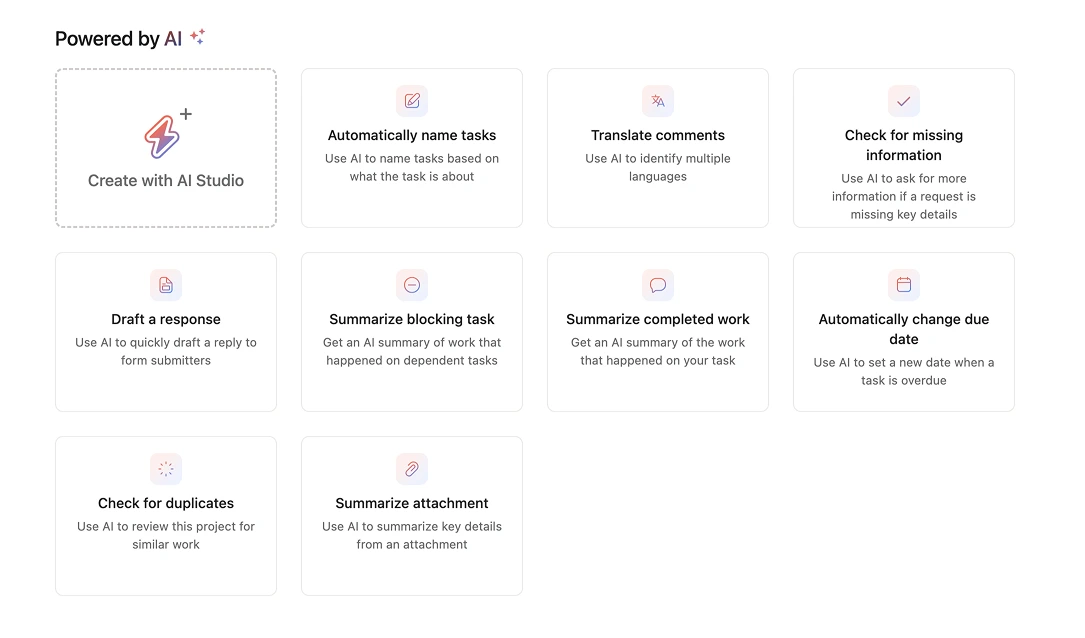 Screenshot of an overview of all available prebuilt AI rules in Asana