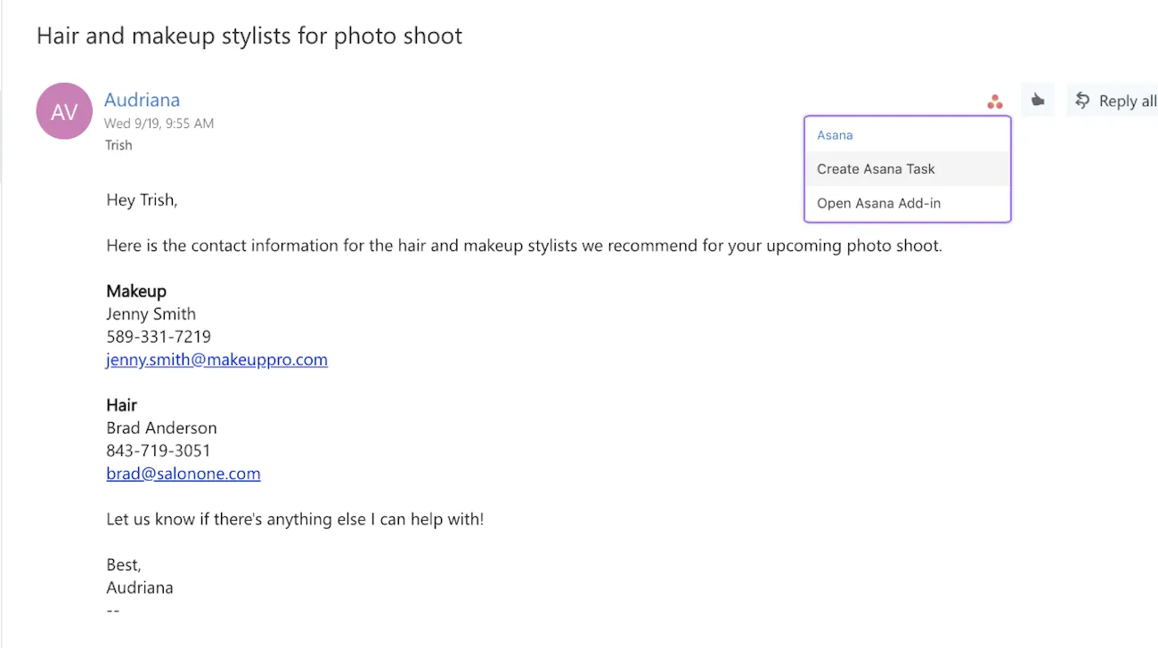 Outlook Mailansicht mit Auswahlmöglichkeit in Asana eine Aufgabe zu erstellen, die den Mailinhalt widerspiegelt. 