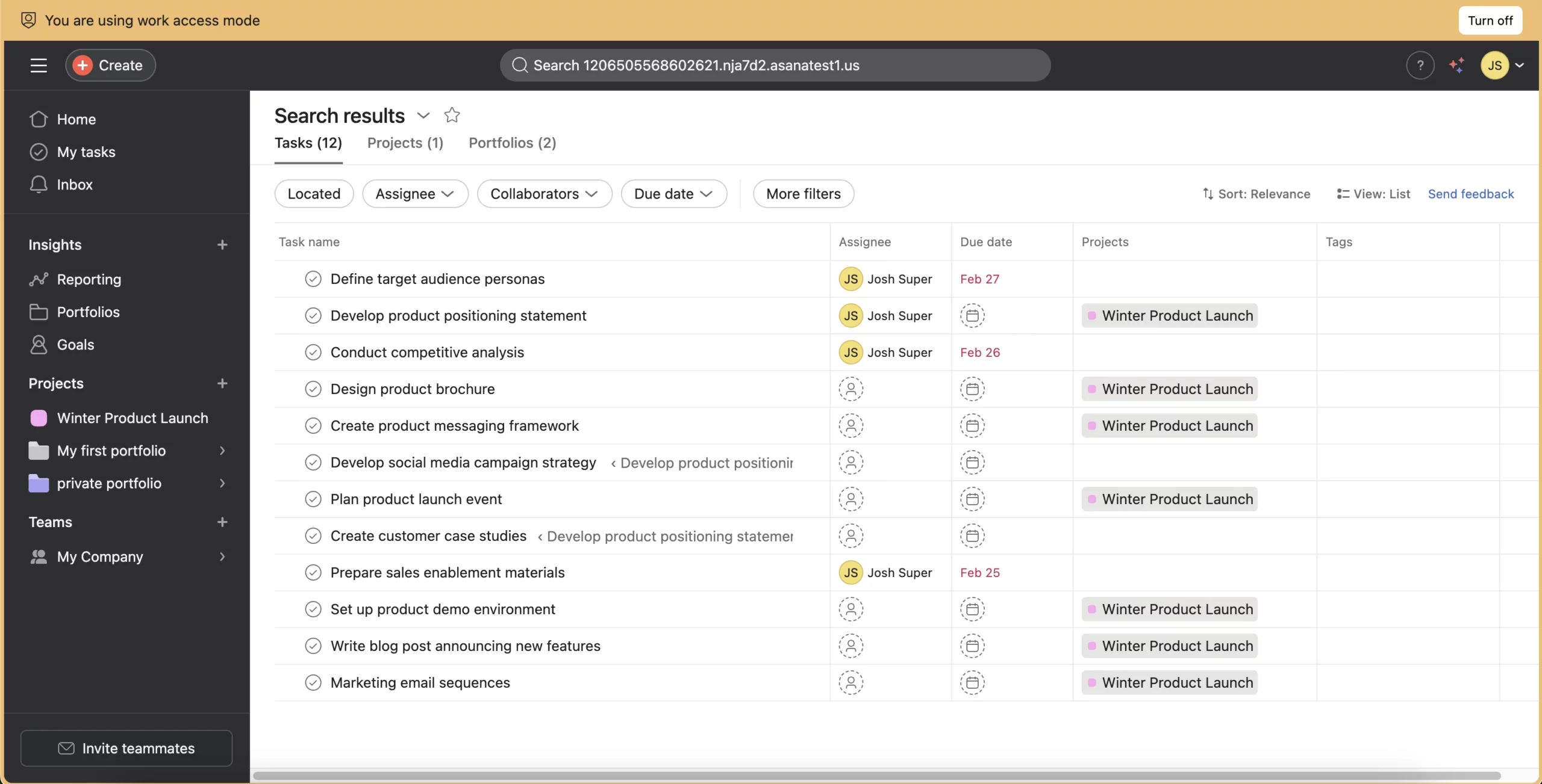 View of the "work access mode" configuration screen in Asana