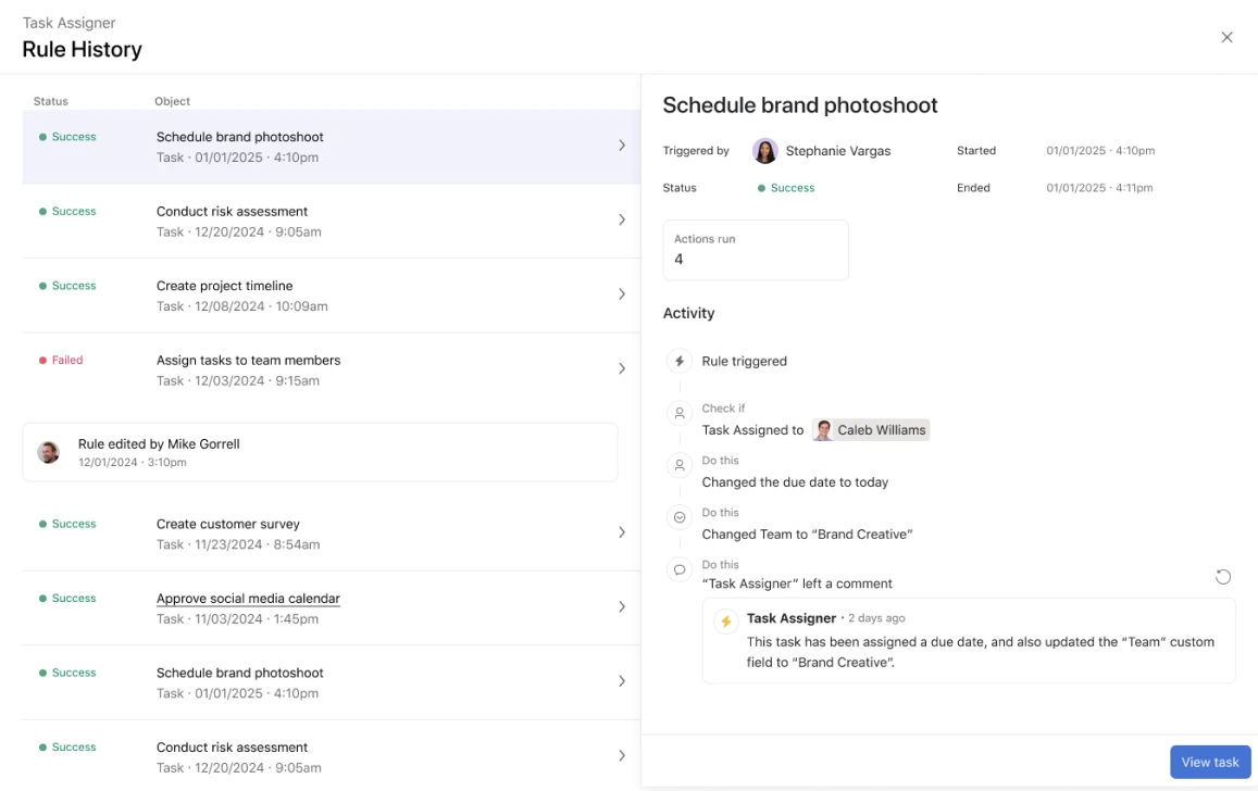 Screenshot der Regelhistorie in der Asana Umbgebung
