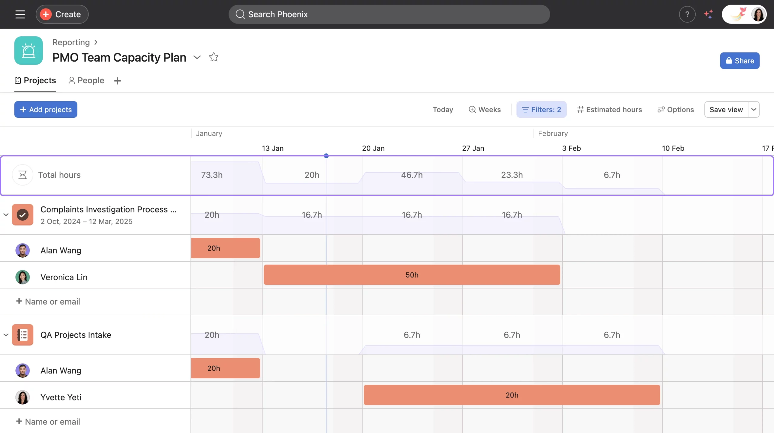 Asana project timeline with color-coded bars showing team workload capacity