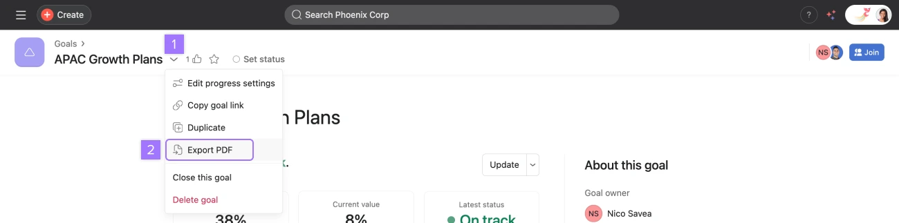 Asana interface showing the export tab for saving a document as a PDF