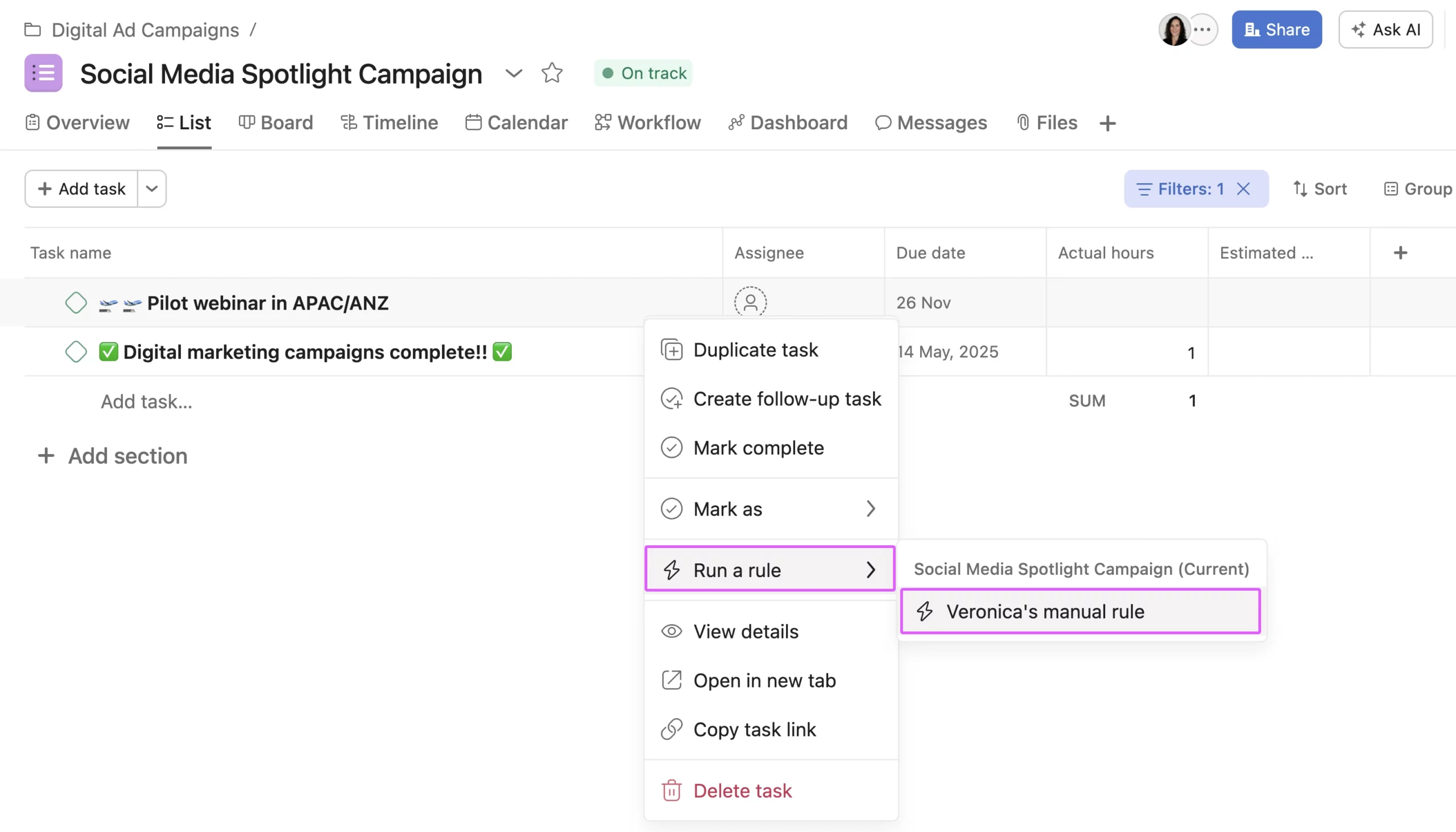 Screenshot of the Asana rule panel with the manual trigger option displayed