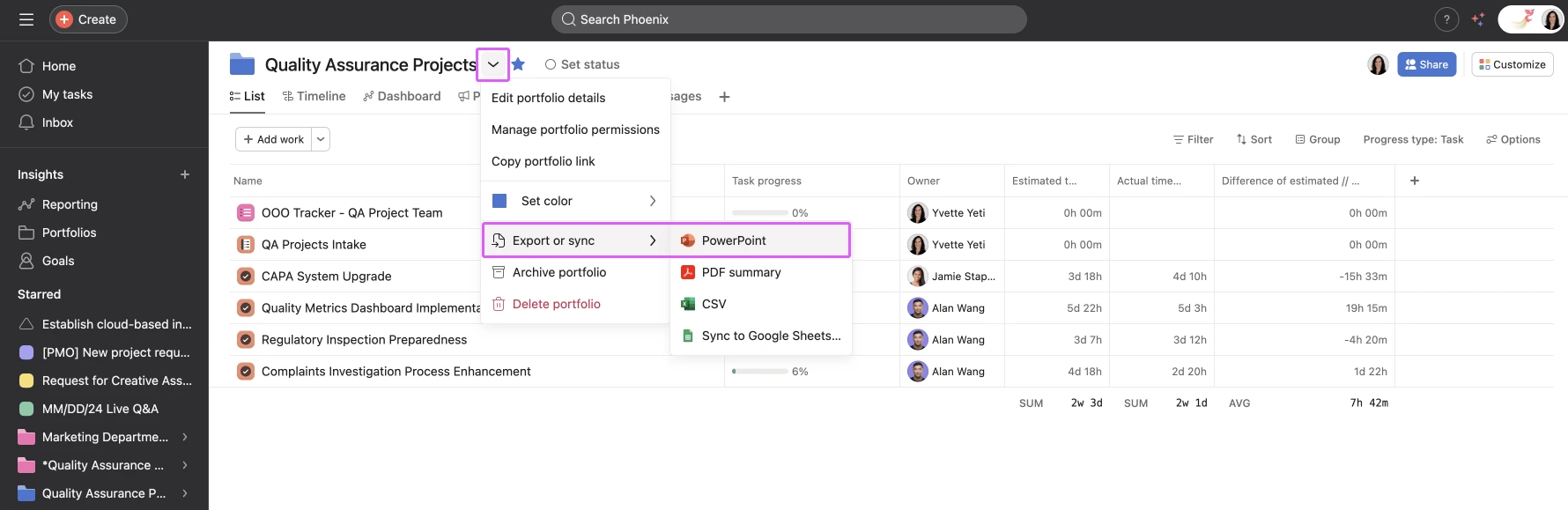 Screenshot der Option Daten aus Asana in PowerPoint zu exportieren. 