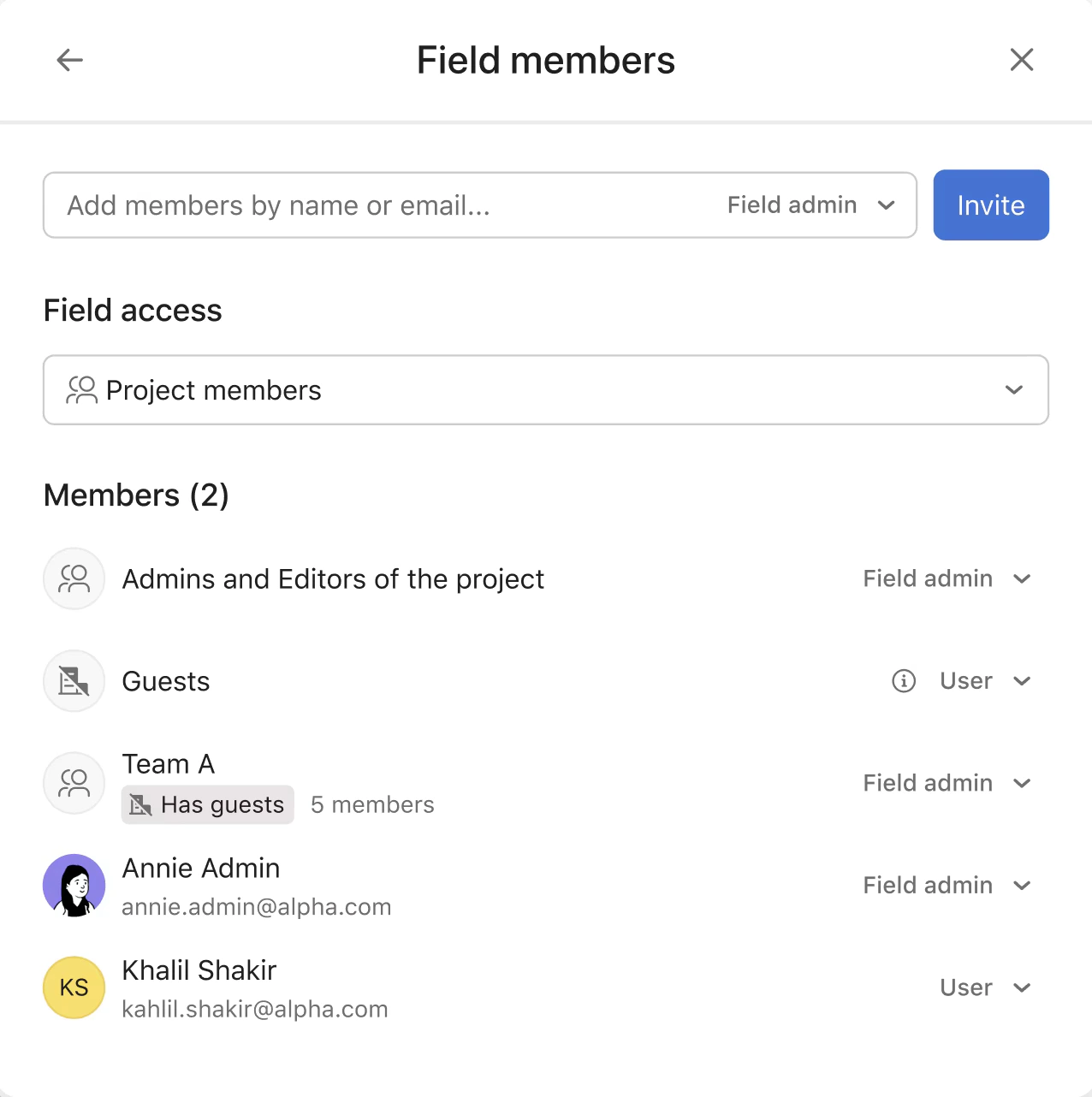 Screenshot of Asana’s edit interface for adding full teams to a project, showing team and member selection list