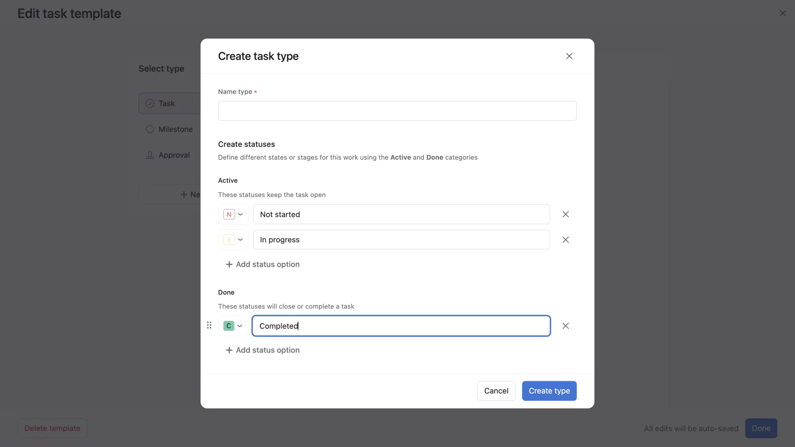 Screenshot of Asana’s task creation screen with dropdown fields for defining task attributes