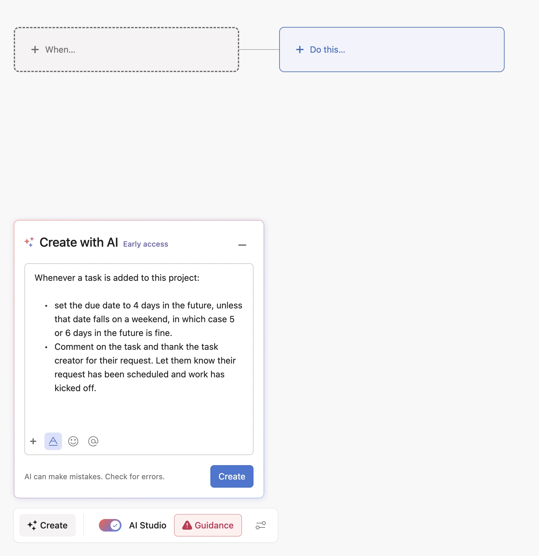Screenshot des Smart Chats mit Asana AI über die Erstellung einer Regel mit Hilfe von AI.