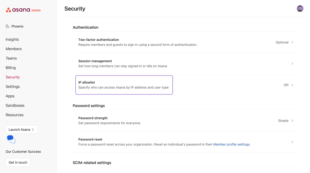 Screenhot in Asana zur Erstelllung einer IP-Allowlist.