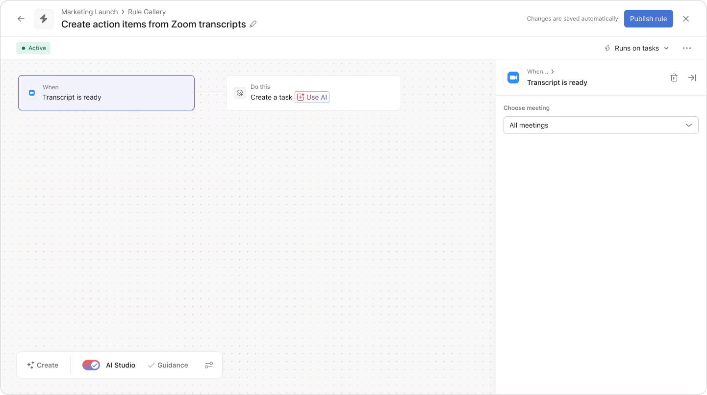 Screenshot der Asana Regelerstellung mit Zoom Transkript als Auslöser zur automatischen Zusammenfassung oder Generierung von Follow-up-Aufgaben durch Asana AI