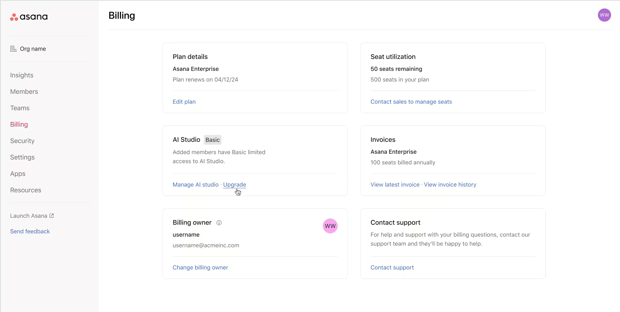 Screenshot mit auswählbaren Zahlungsoptionen und Einstellungen im Asana AI Studio zur Verwaltung von KI-Funktionen und Abonnements