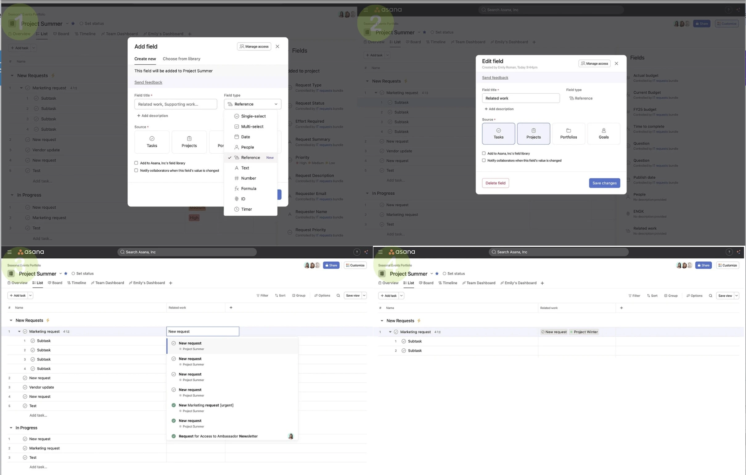 Collage aus 4 Screenshots der Asana-Umgebung, die das Erstellen benutzerdefinierter Felder zur langfristigen Prozessautomatisierung und Projektstrukturierung zeigt.