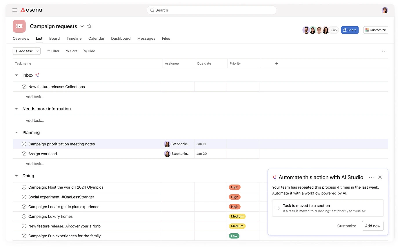 Screenshot aus der Asana-Umgebung mit AI-Pop-up zur Empfehlung einer Automatisierungsregel für wiederkehrende Arbeitsprozesse
