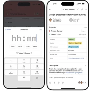 Screenshot von zwei Smartphoneansichten zur manuellen Zeiterfassung in der mobilen Asana App.