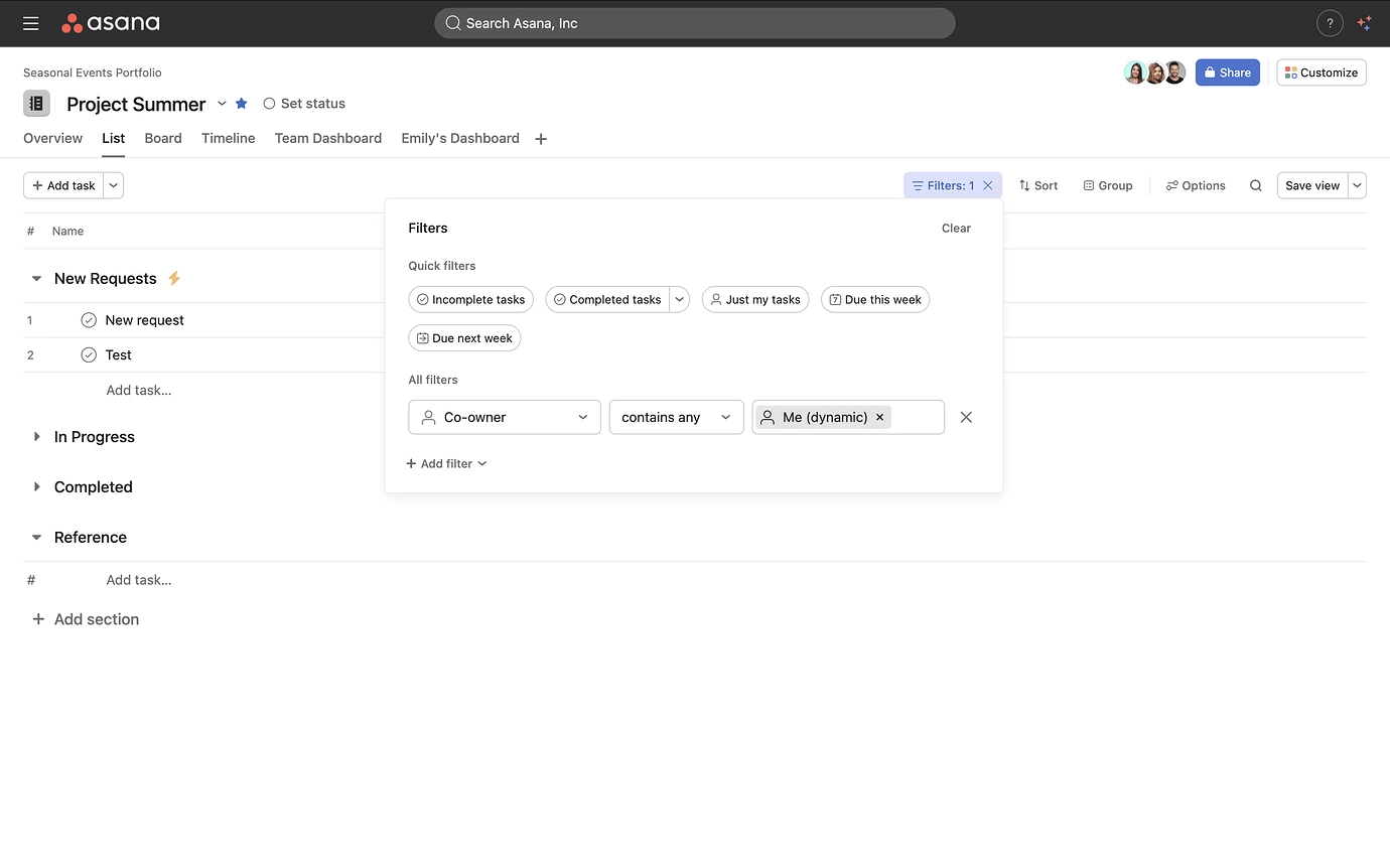 Screenshot der dynamischen Filtereinstellungen in Asana zur Anzeige aufgabenbezogener Ansichten, die mir zugewiesene Aufgaben fokussieren
