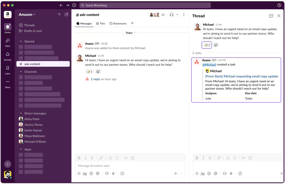 Screenshot aus Slack mit Nutzung des 📝-Emojis zur direkten Erstellung einer Aufgabe in Asana über die integrierte Slack-Asana-Verknüpfung.