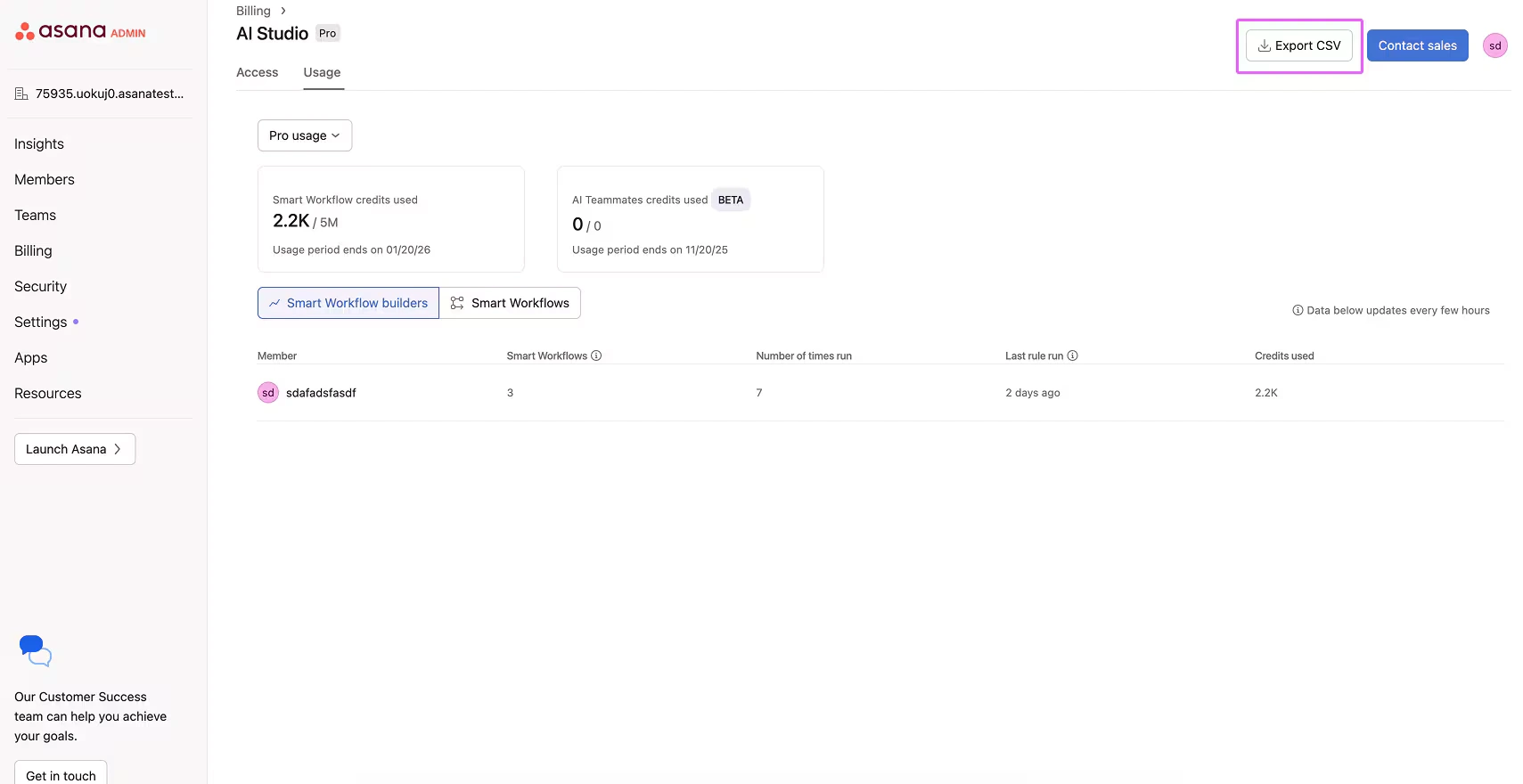 Screenshot aus der Asana-Umgebung mit der Funktion zum Herunterladen einer CSV-Datei zur Übersicht über den Verbrauch von AI-Credits