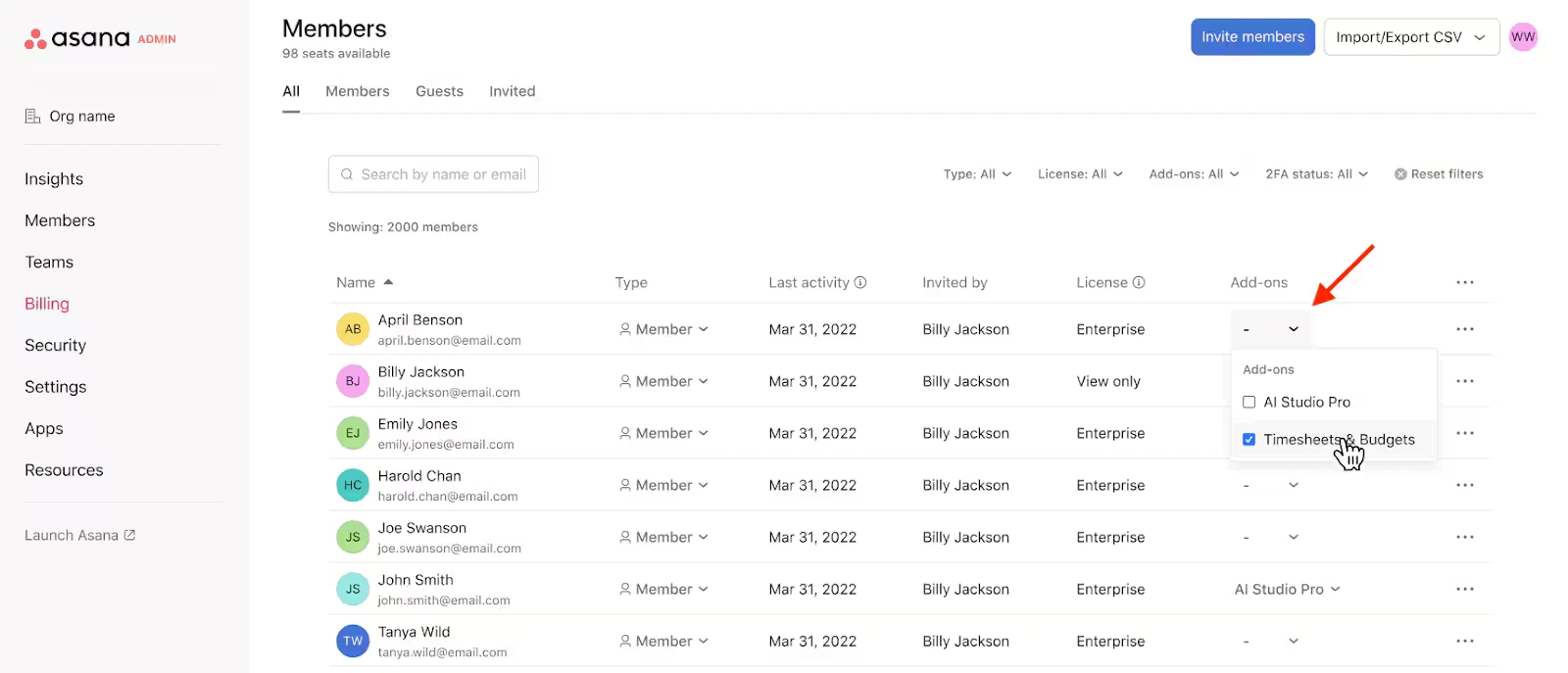 Screenshot der Asana Umgebung mit Filteroptionen für ein Add-on von Timesheets und Budgetinformationen für projektbezogene Auswertungen.