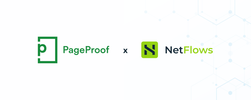 Logos of PageProof and NetFlows connected with an 'x'