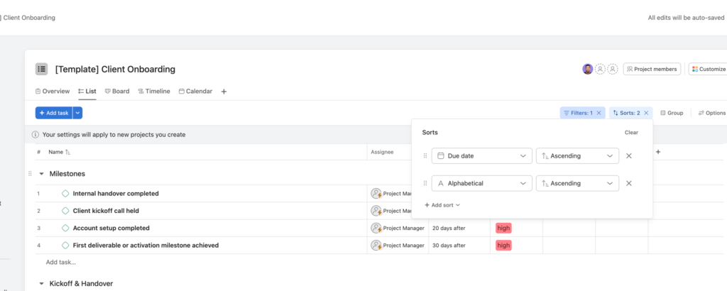 Screenshot from Asana showing filters and sorts in project template settings
