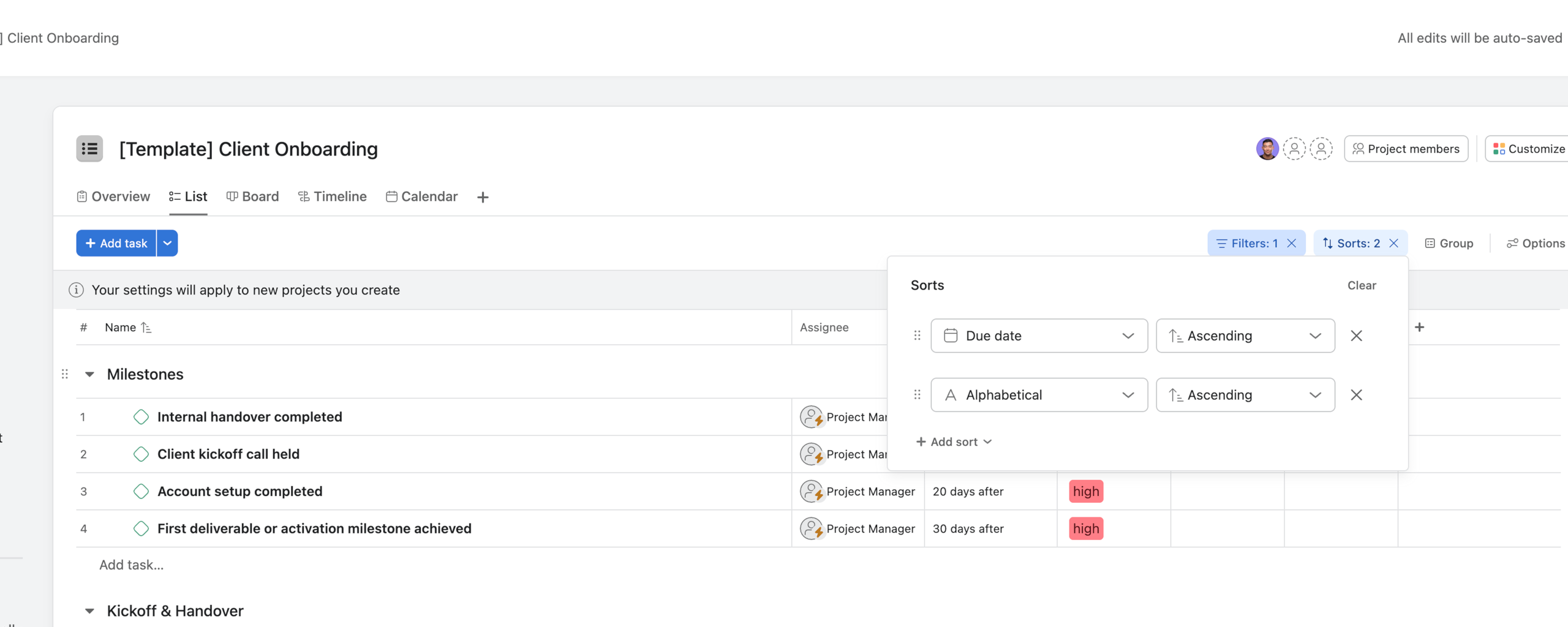 Screenshot from Asana showing filters and sorts in project template settings