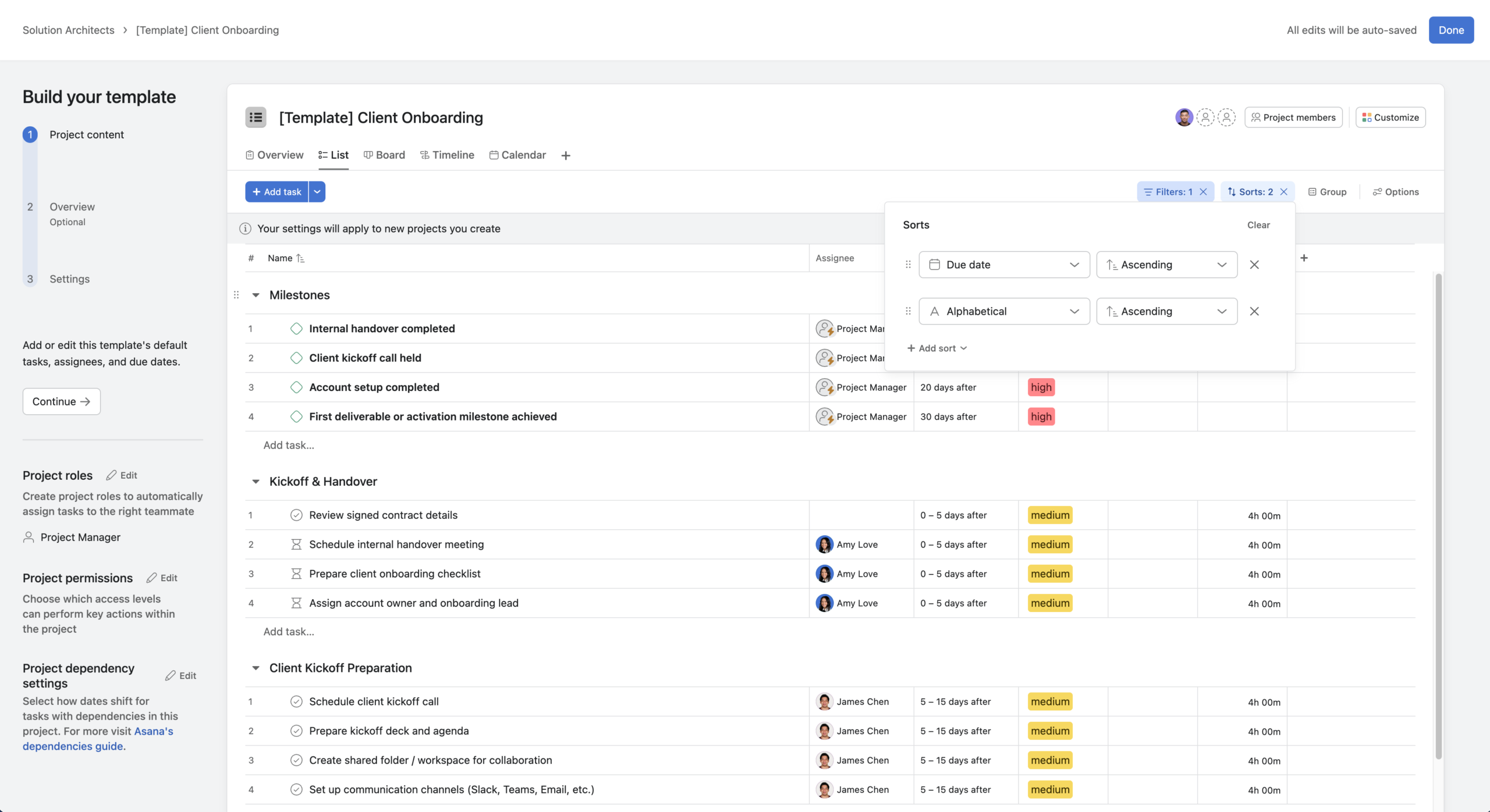 Asana Screenshot showing filter and sorting options in a project template